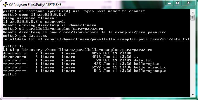 GET: TRANSFERRING FILES FROM PARALLELLA TO WINDOWS To transfer files from the Parallella board and place it in the putty directory, we can use the get command.