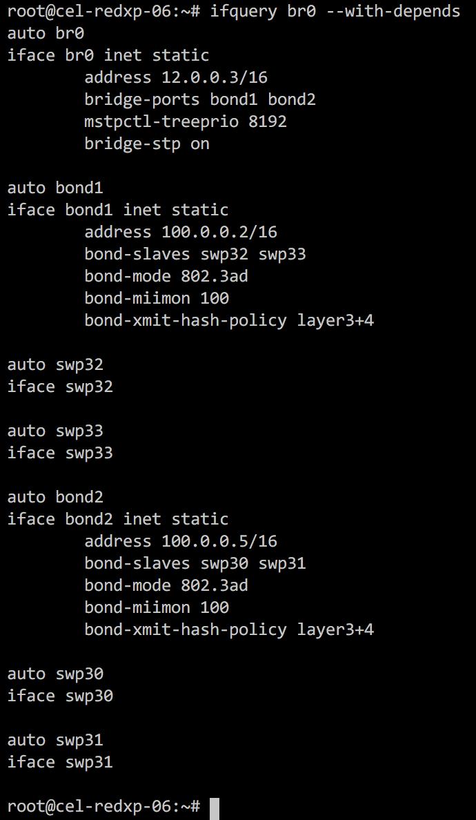 ifquery: Troubleshooting network interface dependencies $ ifquery br0 --print-dependency=list br0 : ['bond1', 'bond2'] bond1 : ['swp32', 'swp33'] bond2 : ['swp30', 'swp31'] swp32 : None swp33 : None