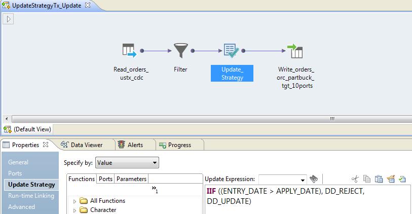 IIF ((ENTRY_DATE > APPLY_DATE), DD_REJECT, DD_UPDATE) The following image shows the Update Strategy transformation with an IIF function: Although Informatica recommends using the Update Strategy