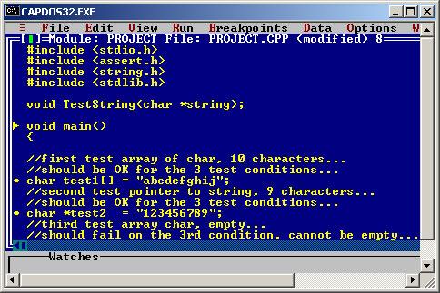Figure 10.1: Borland Turbo Debugger window. - For debugging using Microsoft Visual C++ or.net read HERE. For Linux using gdb, read HERE. - Another program example.