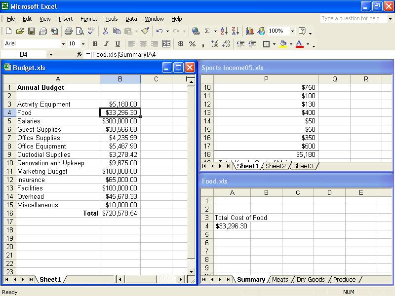 5.10 Spreadsheet Fundamentals In the formula you started in the Budget.xls workbook, Excel inserts a reference to the cell in the Sports Income05 workbook.
