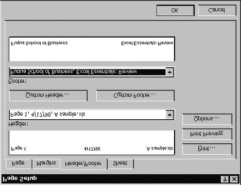 Headers and footers Also available from the File, Page Setup menu options on the Page Setup dialog is a means to control the headers and footers that you can print on all your spreadsheet pages.