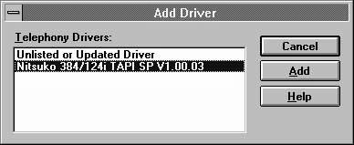 Windows Release 3.1 Installation 8. Click on DRIVER SETUP. This will display any telephony drivers that are currently installed. Click on ADD.
