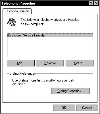 This will display any telephony drivers that are currently installed. (The 1.00.03 TAPI driver will appear similar to 384i/124i TAPI SP V1.xx.