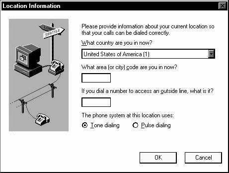 Installation Windows 95/98 Release 9. Click on DIALING PROPERTIES. For first time installations only, you ll see the following screen.