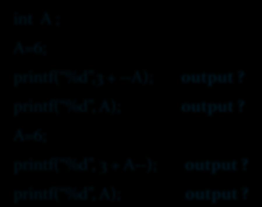 Unary Operator Example 2: Arithmetic Expression int A ; A=6; printf( %d,3 + --A);