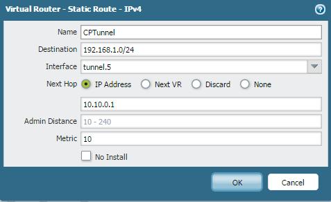 Paloalto Configuration: - Step 1: Follow the Paloalto configuration for a standard IPSec VPN tunnel found above - Step 2: Under the Virtual Routers select the virtual router being used and select