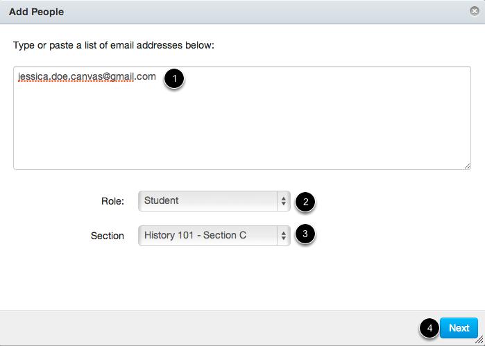To submit an email address, type or paste the user's email address in the type field [1]. You can also type or paste several email addresses at one time.