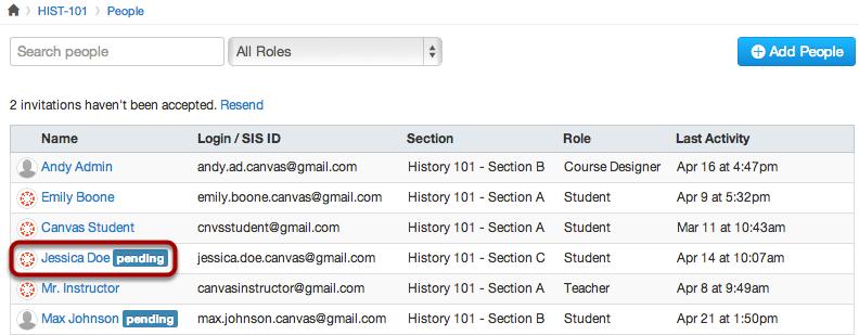View Pending Enrollment Until the user accepts the course invitation, the student's status will display as pending.