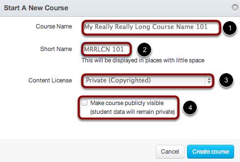 Add Course Details Add your course name by typing in the course name field [1]. Add a short name for the course by typing in the short name field [2].