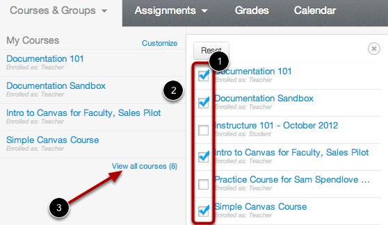 Choose Courses 1. Click the checkboxes next to a course to add or remove the course from the Courses drop-down menu [1]. 2. Courses you add will immediately appear in the menu to the left.