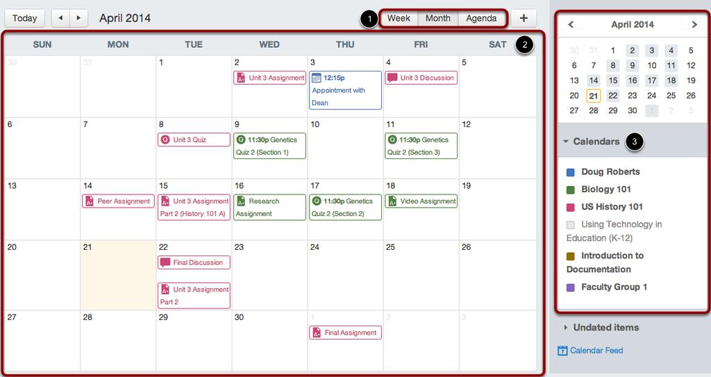 How do I view the Calendar? The Calendar is a great way to view everything you have to do for all your courses in one place. Locate Calendar Link Click the Calendar link in the Global Navigation menu.