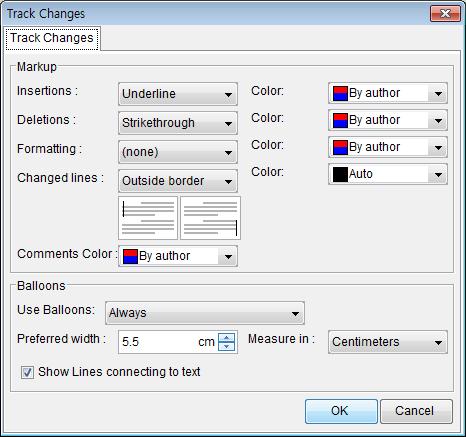 Under the Markup section, specify insertions, deletions, formatting, changed lines, and colors.