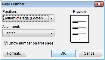 4. Click OK. Page numbering You can insert page numbers that are necessary for the index and table of contents, and every time you modify the document, the page numbers are updated automatically.