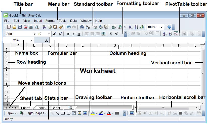 ThinkFree Office Calc 4 User Interface The ThinkFree Office Calc 4 user interface follows the standard design of conventional spreadsheet applications, so that users familiar with Microsoft Excel and