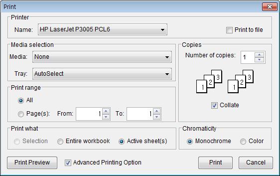 Printing You can print an entire file or just part of a spreadsheet, depending on your selection. To print a spreadsheet: 1.