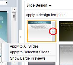 To apply a design template: 1. Click Format > Slide Design. The Slide Design pane appears on the right side of the editing window. 2.