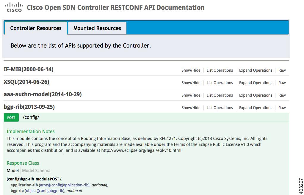 Viewing RESTCONF API Documentation Locate the API you want to view usage information for and click Expand Operations. All of the HTTP methods that the API supports are displayed.