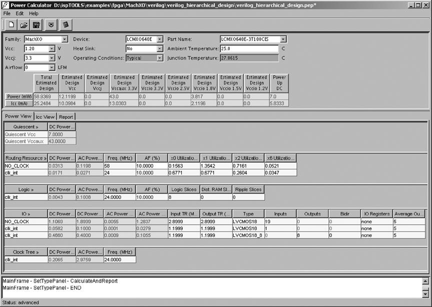 Figure 11-4. Power Calculator Main Window (Type View) The top pane of the window shows information about the device family, device and the part number as it appears in the Project Navigator.