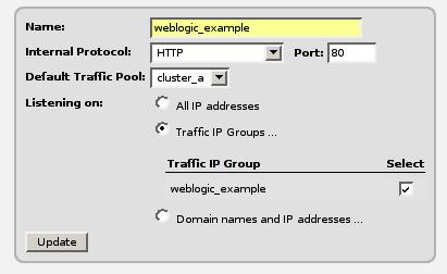 Once the virtual server has been created, you must edit it to make it use the traffic IP group you created earlier. Click on the edit link to the right of the new virtual server's name.