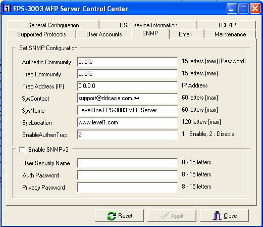 SNMP: You can set community and some parameters for SNMP server. Furthermore, you can enable SNMP v3 for more security. Set SNMP Configuration Authentic Community: set Community name of SNMP server.