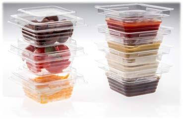 Serve options. Trays stack easily and allow for pre-portioning of fruits, vegetables, salads, and snacks.
