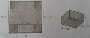 EX: 2 MAXIMIZE VOLUME (Pg. 264) Problem: A cardboard 8 in. by 8 in. needs to have a square cut out from corners so the sides can be folded up to make an open-top box.