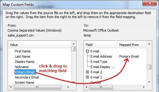 If not, click and drag Primary Email from the left pane and drop it onto E-mail Address on the right to match it up like so. That should do for field mapping.