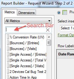 Layout - Request Wizard Step 2 55 Keep this in mind: As you enter a search term, the list will automatically update to only display the metrics whose label matches the search term.