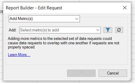 Manage Requests 76 Metrics can be added only to Pivot Layout requests. If some of the selected requests are Custom Layouts, metrics cannot be added.