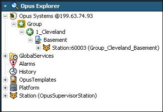 Using Opus Explorer To navigate to an XCM controller using the Opus Explorer 1 Expand Opus Systems to view the list of groups in the Opus Supervisor.