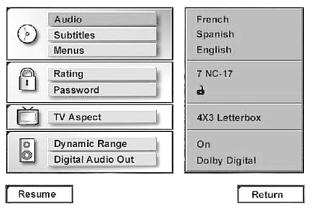This filled circle, not the highlighted option, is the active choice. Audio Language Selection The Audio Language option sets the default choice for the language that will be played from a DVD disc.
