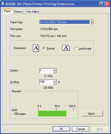 Function explanation 1. Paper dialog <Fig.24 The dialog of Paper (Windows XP)> 1) Paper Size The size of paper is selected. The number of print pixels for each paper size is shown in the table.