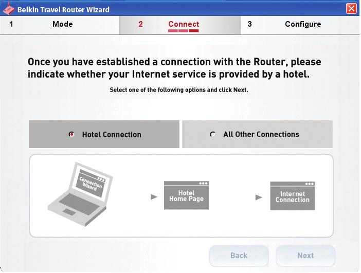 The network name (SSID) of the Router is Belkin Traveler. Once you have connected wirelessly, click Next. 2.