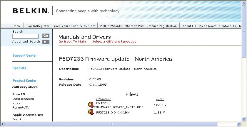 Using the Web-Based Advanced User Interface Downloading a New Version of Firmware You will now be taken to the download page of F5D72 Firmware update - North America. 1 2 4 5 6 section 7 1.