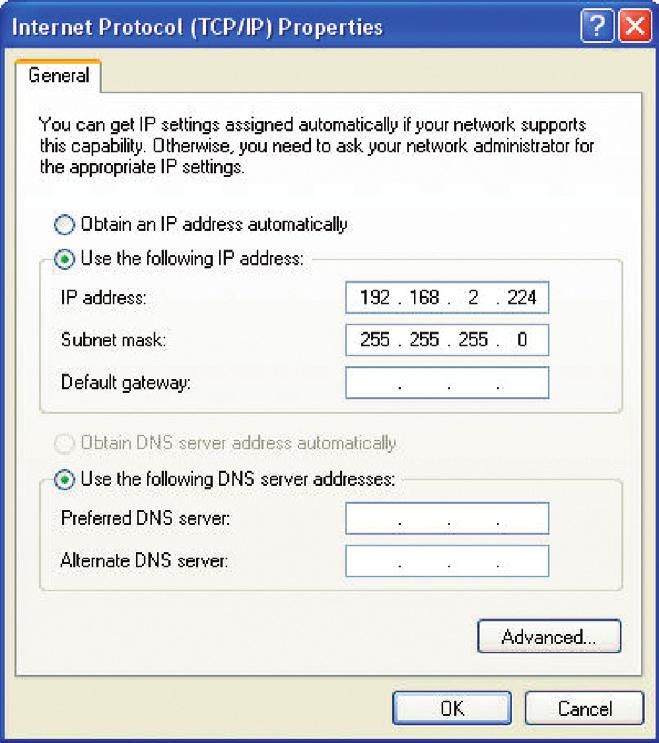 Using the Adapter Mode 6. Enter an IP address in the same subnet as the access point (for example, 192.168.2.224). 7. Enter the following subnet mask: 255.255.255.0. Click OK.