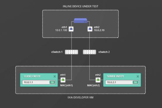 After you have deployed the device under test please make sure to connect each of its ports to the corresponding vswitch/bridge in order to gain connectivity with Ixia Developer test interfaces. 1.