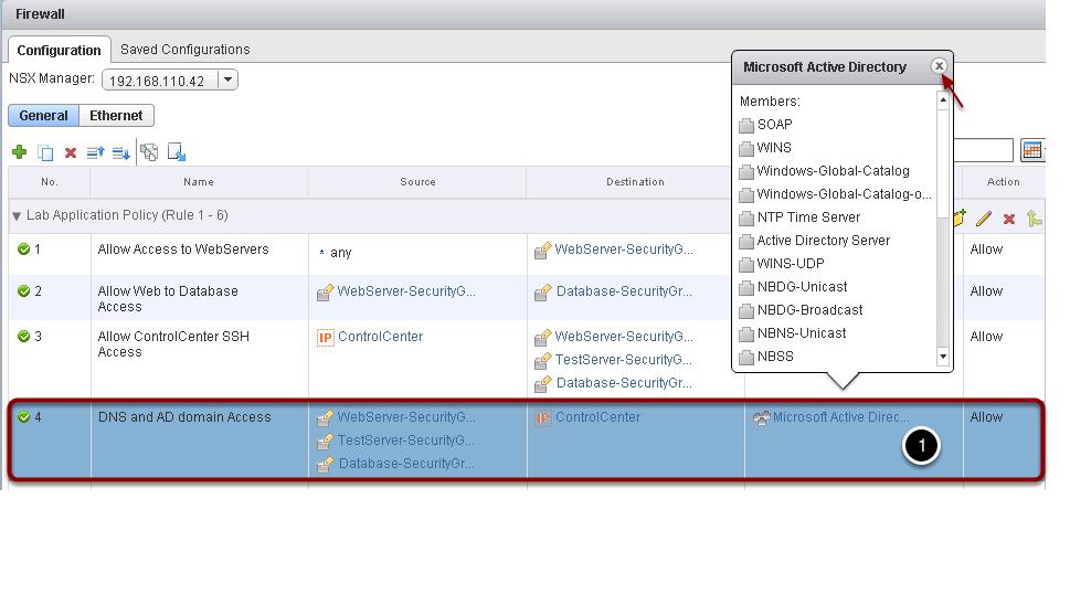 The Microsoft Active Directory Service is pre-defined in NSX, so its easy