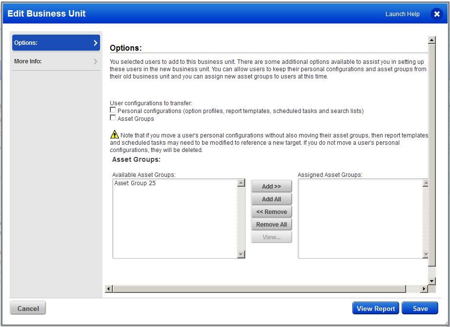 When adding or editing a business unit, the users section shows users assigned to the business unit and users in the subscription who may be added.