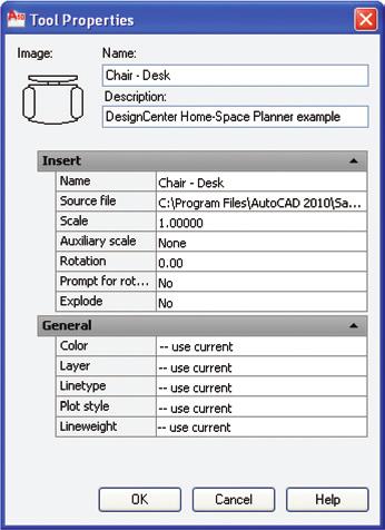 Figure 10. A The Tool Properties window for a block tool. The Tool Properties window for a hatch pattern tool. Tool icon for hatch pattern Tool icon for block A name appears in the Name: text box.