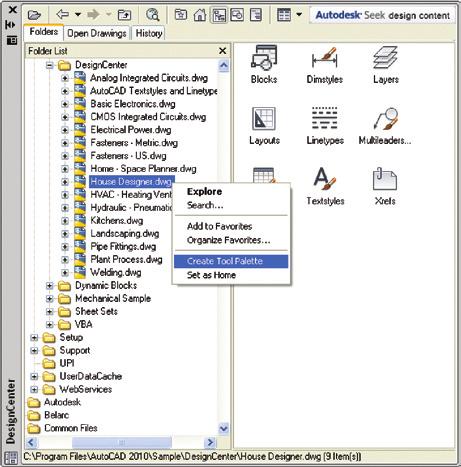 Figure 4. Right-click on a drawing in DesignCenter and select Create Tool Palette to create a new tool palette with the name of the drawing file.