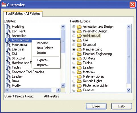 To export an individual tool palette group, right-click on the group name in the Palette Groups: area of the Customize dialog box and select Export. The Export Group dialog box displays.