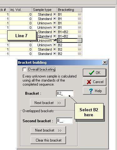 Figure 49 Selecting B2 as the bracket for the Last 2 Unknowns and Standards To complete the process, select line 7, enter the bracket builder, and select bracket B2.