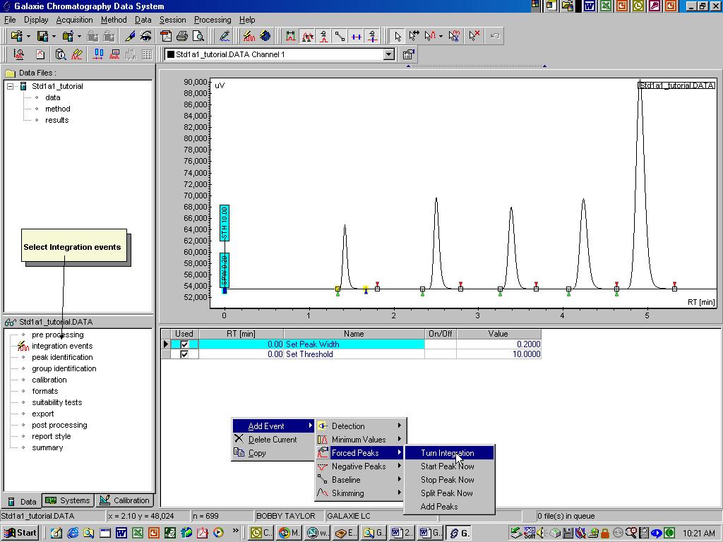 When a chromatogram is collected, default peak width and threshold values are used to automatically process the chromatogram. This default processing is displayed on the chromatogram screen.