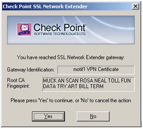 SSL Network Extender 9. At first connection, the user is notified that the client will be associated with a specific Security Gateway. Click Yes.