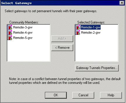 Tunnel Management To terminate Permanent Tunnels connected to a specific Security Gateway, highlight the Security Gateway and click Remove. Figure 7-35 Select Ga 2.