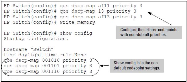 Figure 39: Example of show config listing with non-default priority settings in the DSCP table Effect of No-override: In the QoS Type-of-Service differentiated services mode, a No-override assignment