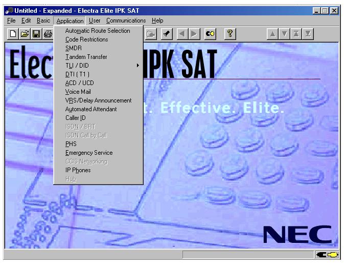 Electra Elite IPK Document Revision 1C Application The Application pulldown menu allows access to system data items relating to advanced system applications.