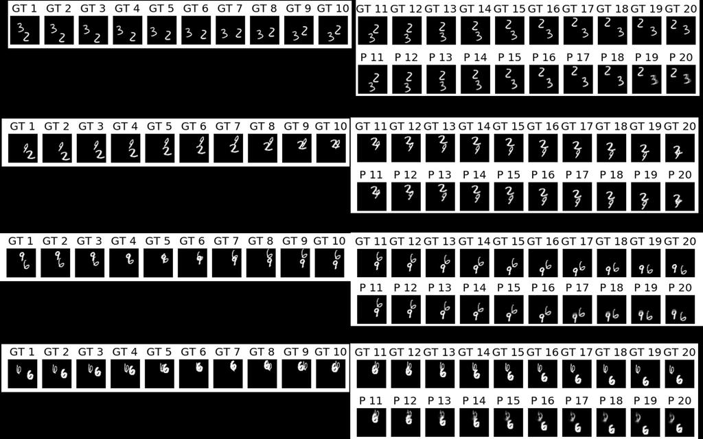 Figure 4: Four randomly selected test-set samples. First row of each sample: the first 10 frames are the input past frames and the remaining 10 frames are the ground-truth future frames.