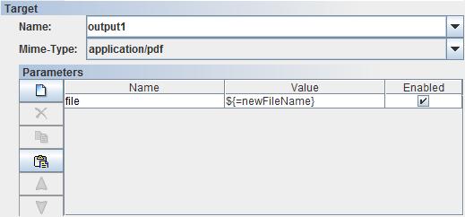 For the Target panel, select output1 and application/pdf for the output directory name and output mime-type from the dropdown list respectively.